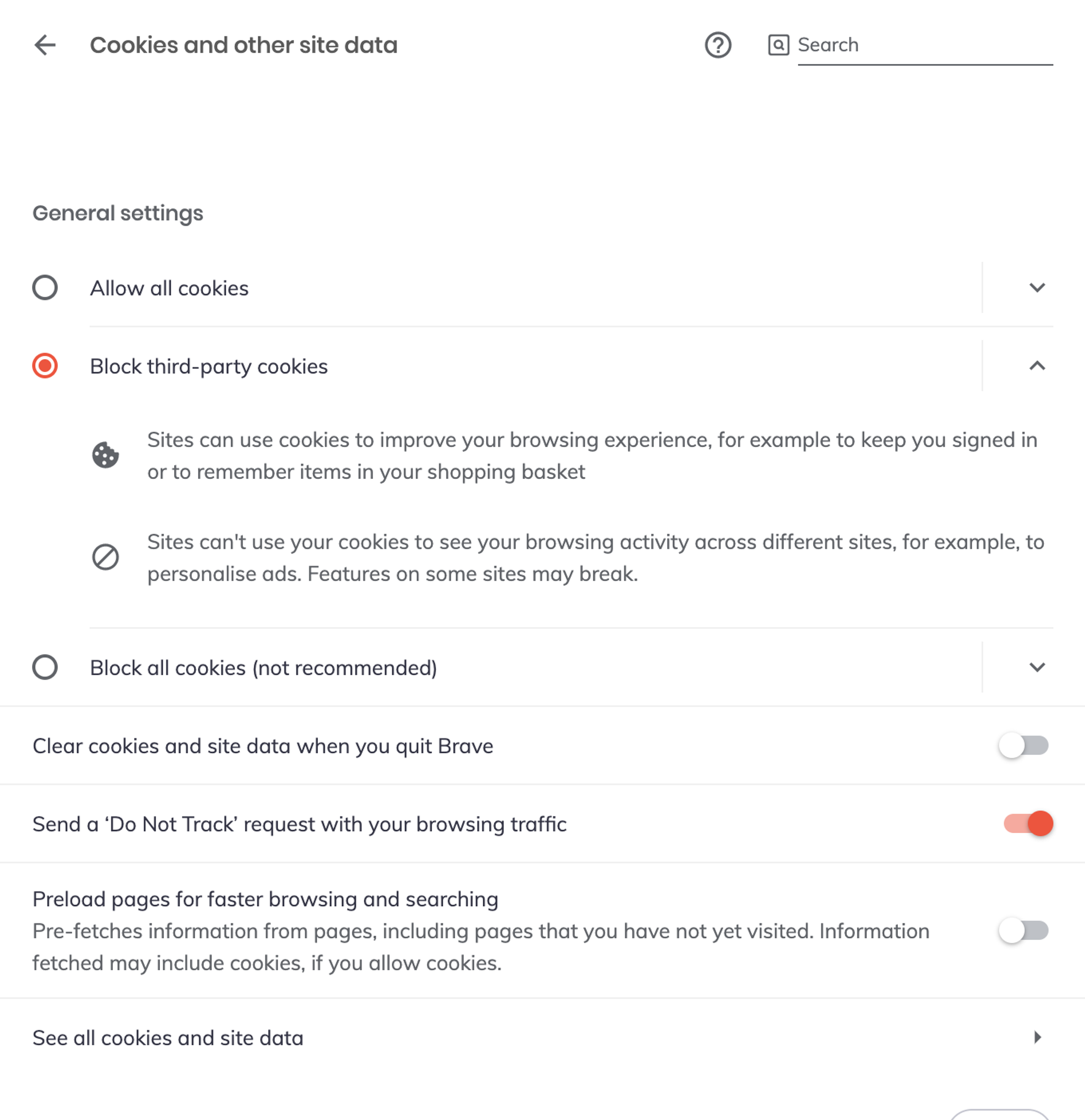Cookies setting menu